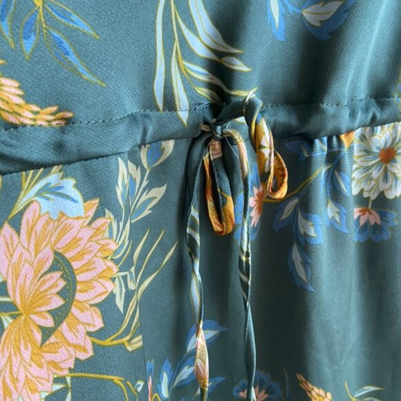 Floral Print Green Mini Dress with Drawstring - Picture 3 of 7